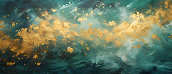 Fototapeta premium luxury pattern, abstract starry night illustration, metallic gold and green, white sparkle, texture painting with oil brush stroke, palette knife paint on canvas