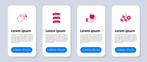 Set No sugar free, Apple, Sports nutrition proteine and Finger blood. Business infographic template. Vector