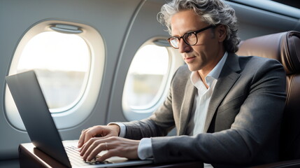 Middle-aged White Male Businessman Working on an Airplane