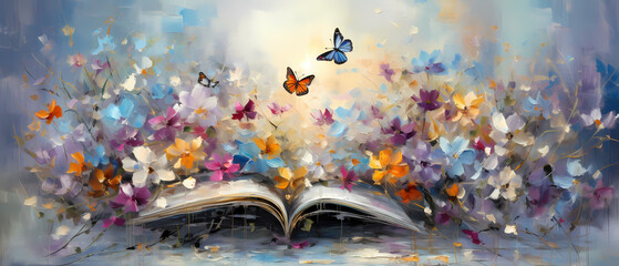 open book, flowers and butterflies are emerging, beautiful vibrant scenery, texture painting with oil brush stroke, palette knife paint on canvas