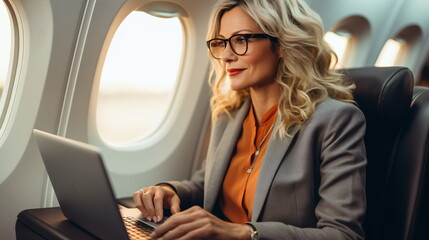 White Female Businesswoman in Her 30s Working on an Airplane