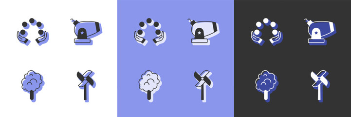 Set Pinwheel toy, Juggling ball, Cotton candy and Cannon icon. Vector