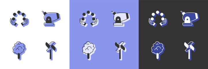 Set Pinwheel toy, Juggling ball, Cotton candy and Cannon icon. Vector