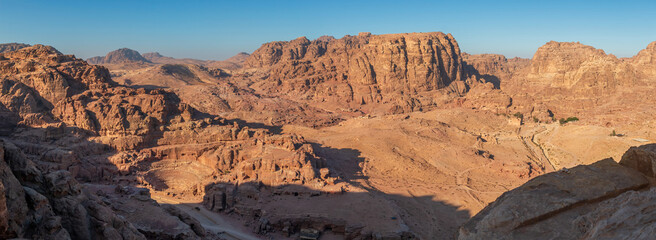 Panoramic view of Theater of Petra, Colonnaded Street, Great Temple and Qasr al-Bint in the...