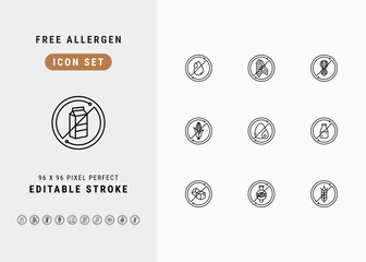 Free Allergen Food Includes Non Transfat, Soy, Nut, Corn, Egg, Dairy, Lactose, Sugar, GMO and Gluten. Line Icons Set. Editable Stroke Vector Stock. 96 x 96 Pixel Perfect.
