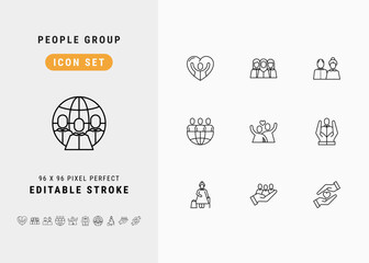 People Group Includes Mankind, Multicultural, Senior, Population and Humanitarian. Line Icons Set. Editable Stroke Vector Stock. 96 x 96 Pixel Perfect. - obrazy, fototapety, plakaty