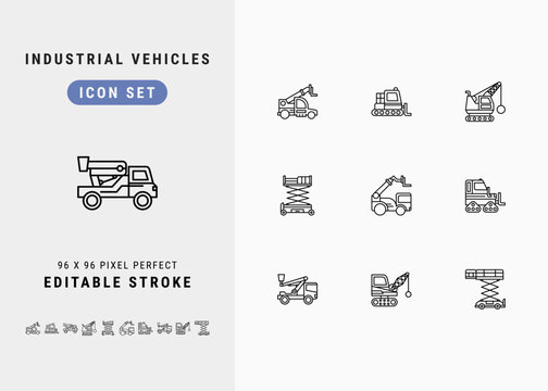 Industrial Vehicles Includes Tele Handler, Snowcat, Cherry Picker, Wrecking Ball and Scissor Lift. Line Icons Set. Editable Stroke Vector Stock. 96 x 96 Pixel Perfect.