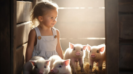 copy space, stockphoto, cute little child playing between cute piglets in a stable. Love and affection between a cute piglets and a young child. Toddler playing between piglets. Beautiful design for a