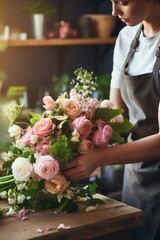  florist making bouquet ,smiling florist woman making bunch at flower shop,Generative Ai
