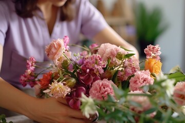 florist making bouquet ,smiling florist woman making bunch at flower shop,Generative Ai