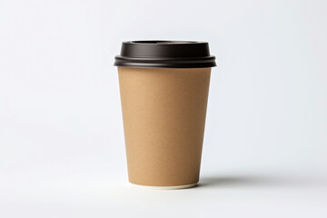 Photo of a coffee cup with a black lid on a white background