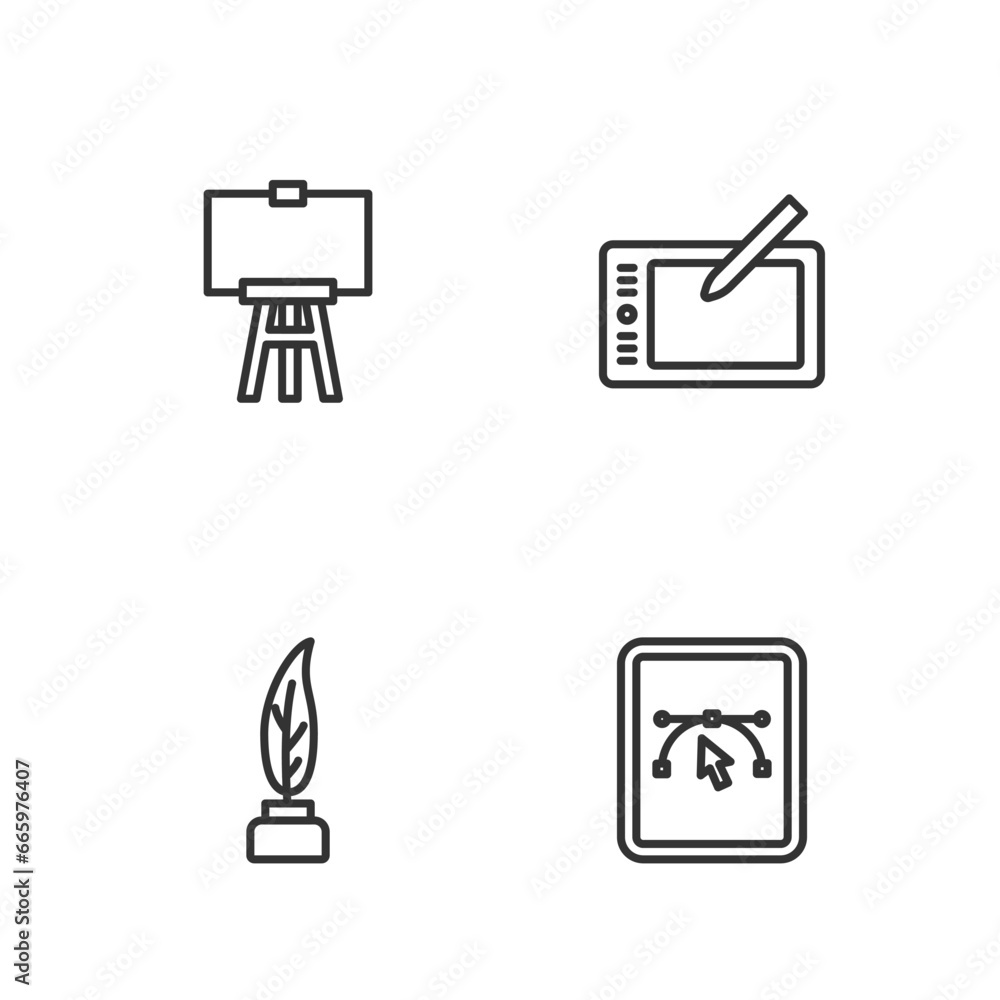 Poster set line computer with design program, feather and inkwell, wood easel and graphic tablet icon. vect