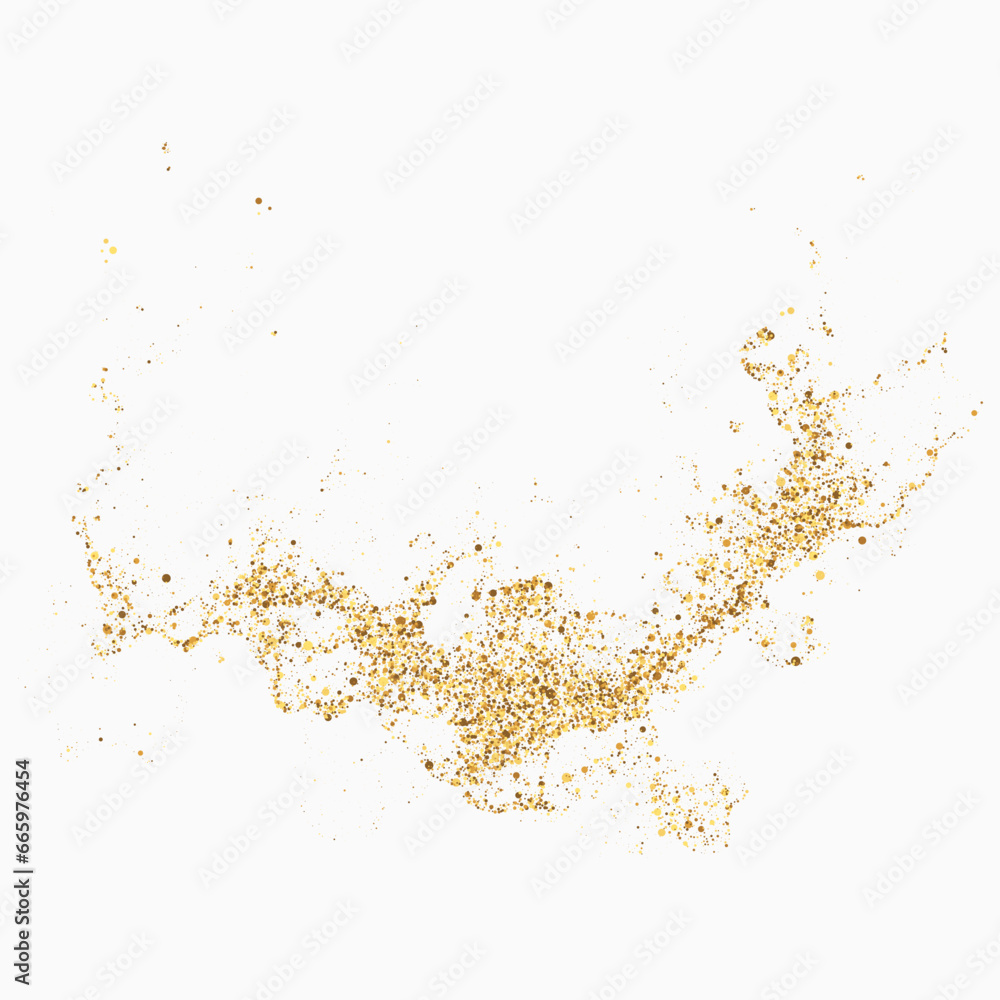 Poster scattered golden particles on a dark background. festive background or design element.