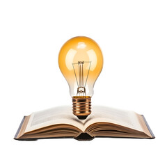 Opening book with light bulb. Concept of discovering new ideas, innovation, and education. Opening book with light bulb isolated on transparent background