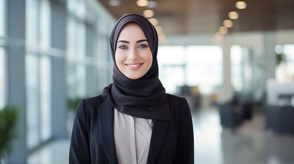 Beautiful young working woman in hijab, suit and eyeglasses standing in office, smiling. Portrait of confident muslim businesswoman. Modern office with big window, man working at desk on background.
