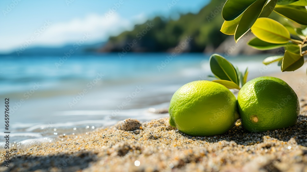 Wall mural slices of fresh lime on the beach sand background