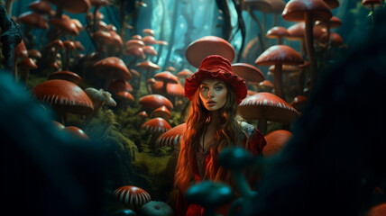 Alice in Wonderland, a fabulous forest of big mushrooms, a girl in a fairy tale. Mushrooms trees toadstools fly agarics - obrazy, fototapety, plakaty