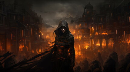 Medieval woman assassin in black cloak stands against the background of glowing burning city at night