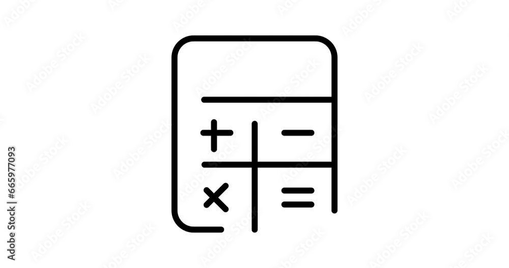 Poster calculator animated outline icon with alpha channel. calculator 4k video animation for web, mobile a