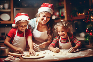Photo of a woman and two children baking Christmas cookies together