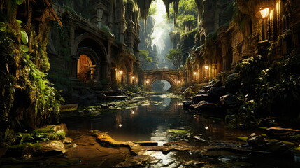 Underground city under lush jungle, connected by water channel. Ruins of an ancient civilization in tropics jungle - obrazy, fototapety, plakaty