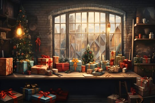 Santa Claus gifts workshop. illustration. generative ai