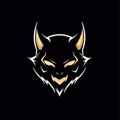 silhouette of cat head with devilish accent, black and yellowish color. silhouette of cat head. Staring 
intently with batman accent