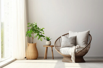modern living room with armchair, Boho Chic Vibes: Empty Beige Wall Mockup in a Cozy Room with Wicker Armchair, Bathed in Natural Daylight.