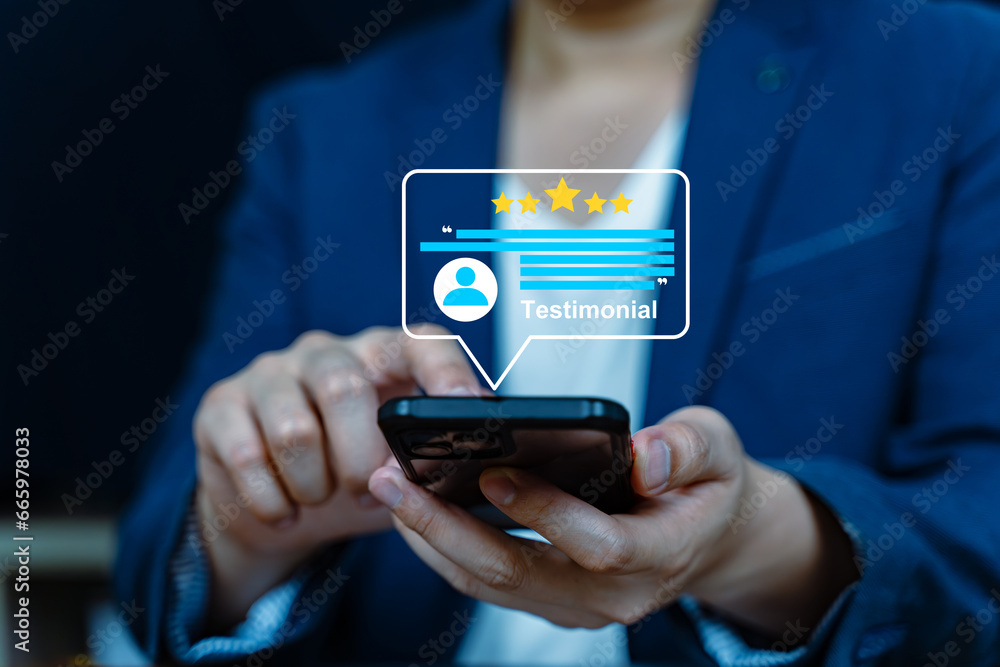 Poster experience of customer and user give rating on online service on application smartphone, satisfactio