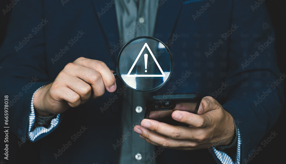 Poster emergency warning alert alarm on smartphone, data network protection, virus alarm with people using 