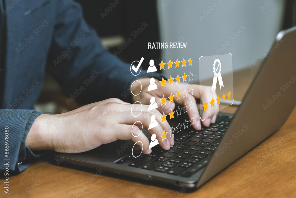 Poster experience of customer and user give rating on online service on application smartphone, satisfactio