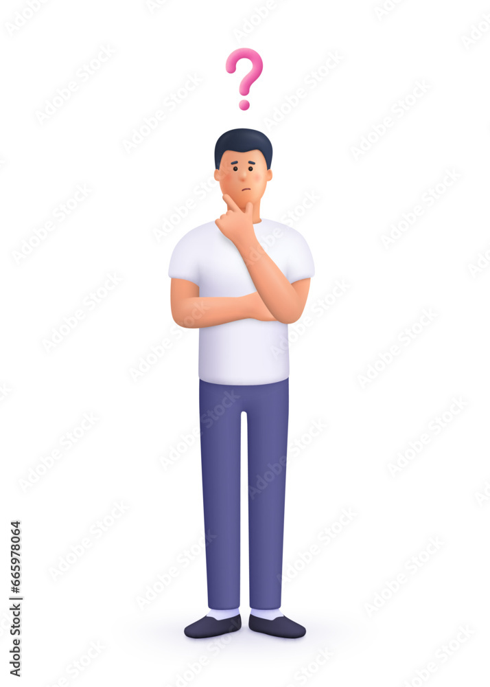 Poster confused man thinking pose with question mark. choice, doubts and problem solving concept. 3d vector