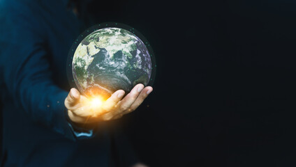 Technology Global business concept, Business man holding Earth. World connected. Social network concept.