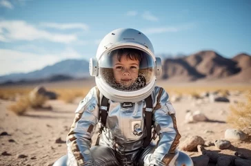 Fotobehang 9 year old boy in astronaut costume explores desert © Victoria