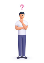 Confused man thinking pose with question mark. Choice, doubts and problem solving concept. 3d vector people character illustration. Cartoon minimal style.
