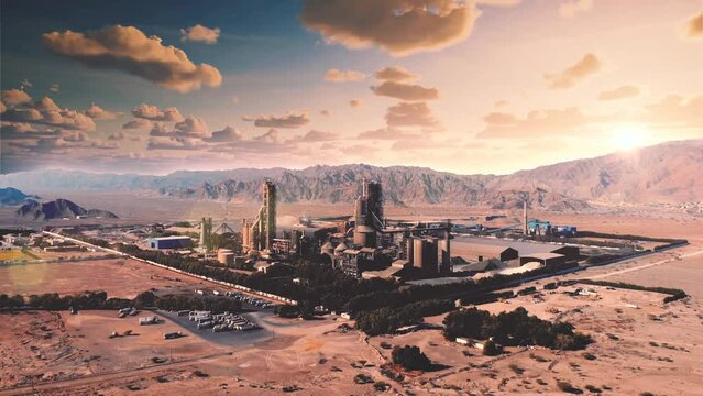 AERIAL. Top view of industry manufactory in UAE. Huge cement factory in desert. Sky morning fast above have industry plant in a desert.