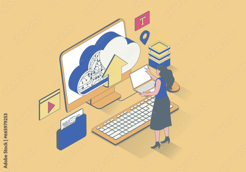 Leinwandbilder Cloud computing concept in 3d isometric design. Woman works with data processing, sync, uploading and downloading information online. Vector illustration with isometry people scene for web graphic