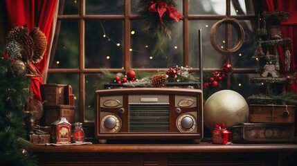 A vintage radio playing classic holiday tunes, surrounded by nostalgic Christmas decorations from years gone by. - obrazy, fototapety, plakaty