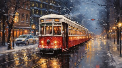 A vintage streetcar adorned with bright Christmas lights, traveling through a wintry city, spreading holiday cheer.
