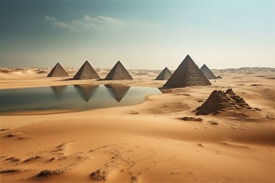 Enormous sand pyramids near a lake in Egypt. Imaginary scenery. Generative AI