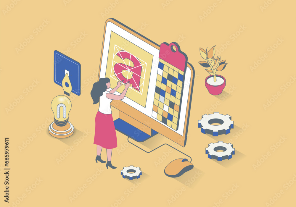 Poster design studio concept in 3d isometric design. woman creating logo for branding, drawing digital cont