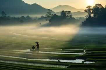 Obraz na płótnie Canvas Vietnamese farmers working in rice field at dawn