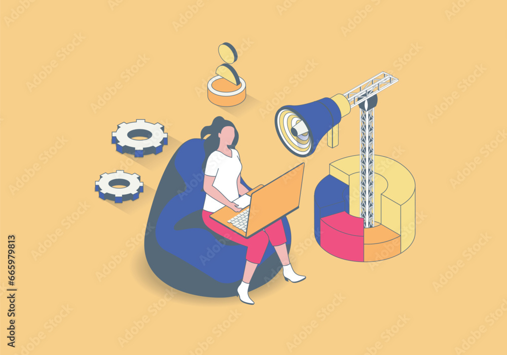 Poster marketing concept in 3d isometric design. woman promoting business online, making digital advertisin