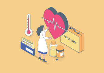 Medicine concept in 3d isometric design. Woman works as cardiologist, examining heart and heartbeat, diagnosing and prescribing pills. Vector illustration with isometry people scene for web graphic