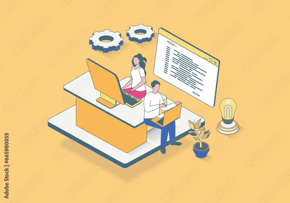 Aufkleber Software programming concept in 3d isometric design. Developer team work with code, testing computer programs and making optimization. Vector illustration with isometry people scene for web graphic