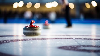 Curling team skillfully guides a stone onto the ice, close-up of the stone.