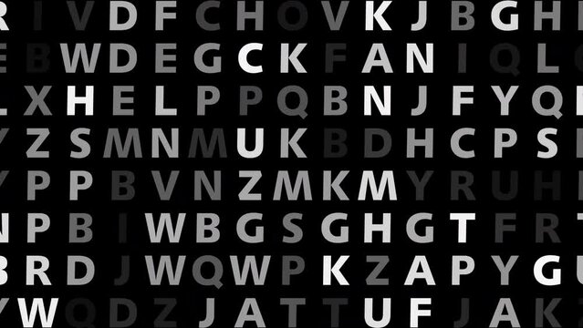 Dynamic motion of changing letters on black background. Abstract text in motion unpredictable changes in random letters