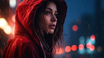A fictional woman in red standing in the rain on a winter night.