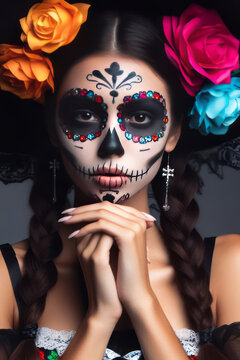 Young woman with the Day of the Dead make up and costume, Mexican tradition