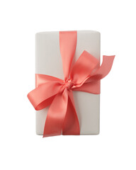 Top view of gift box with pink ribbon bow isolated on white